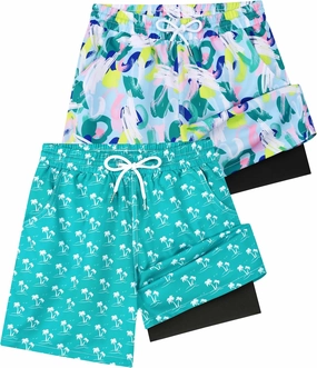 2 Pack Boys Swim Trunks with Compression Liner Kids Youth Swim Shorts Quick Dry Bathing Suit Swimwear Beach Shorts