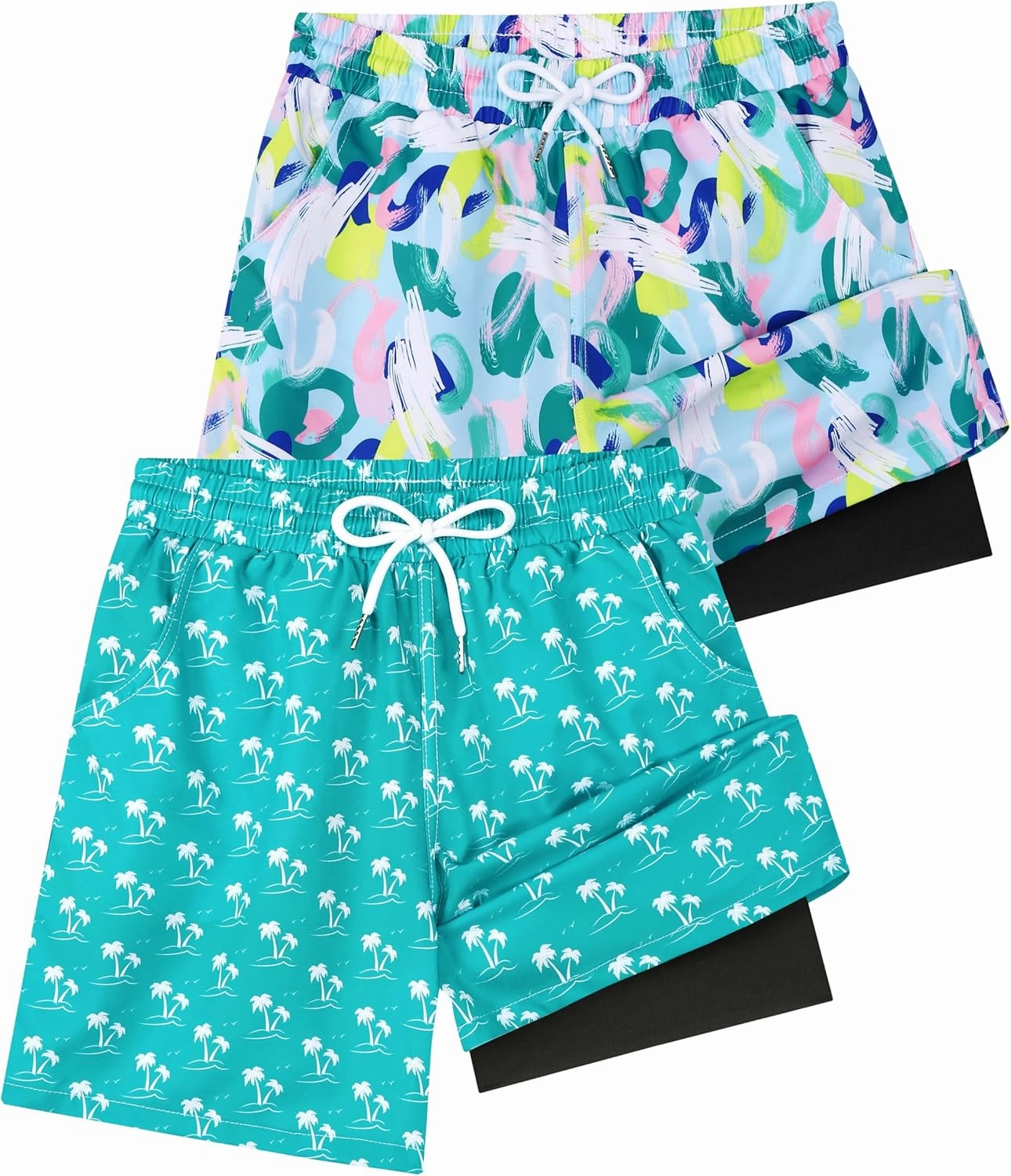 2 Pack Boys Swim Trunks with Compression Liner Kids Youth Swim Shorts Quick Dry Bathing Suit Swimwear Beach Shorts