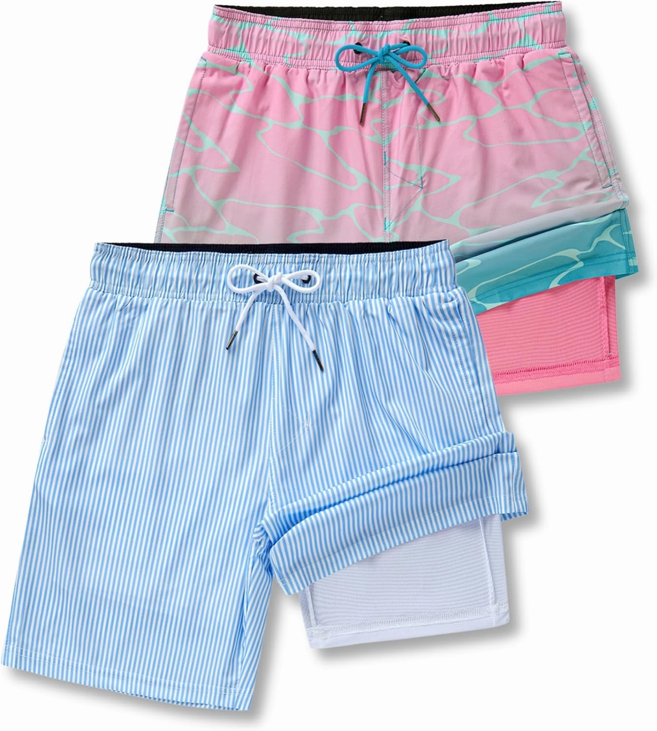 2 Pack: Men's 7" Swim Trunks with Compression Liner, Quick Dry Stretch Swimming Shorts Bathing Suits Swimwear