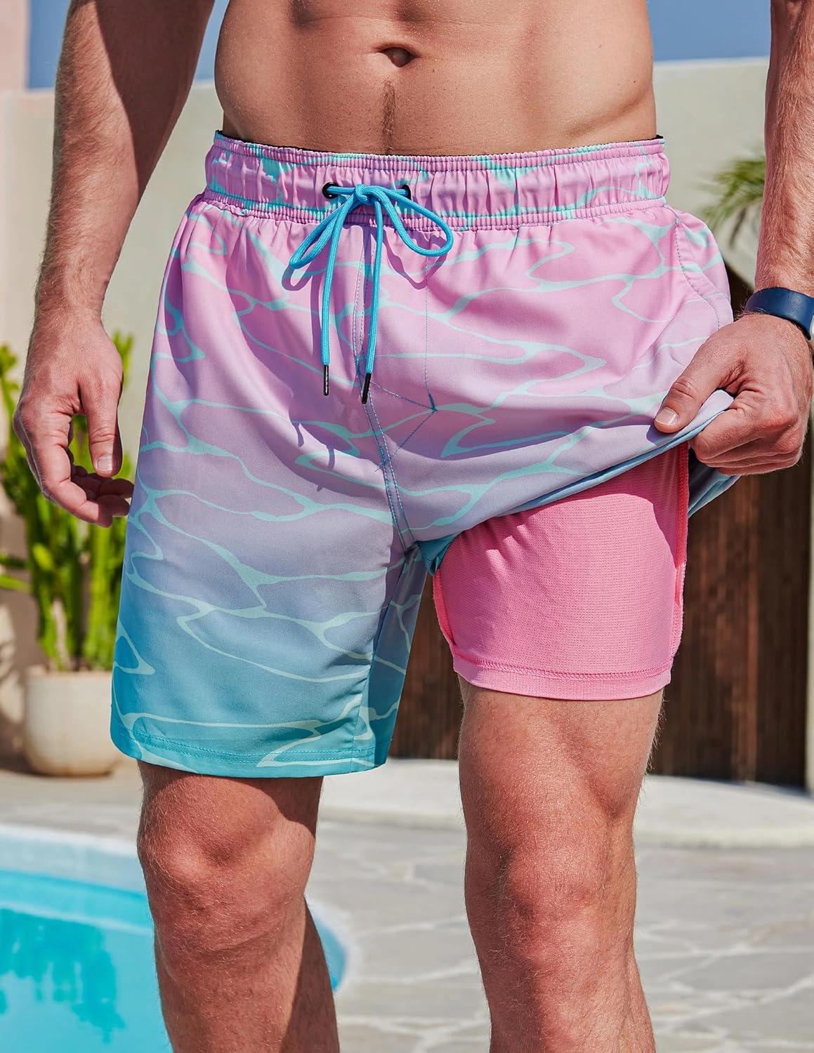 2 Pack: Men's 7" Swim Trunks with Compression Liner, Quick Dry Stretch Swimming Shorts Bathing Suits Swimwear