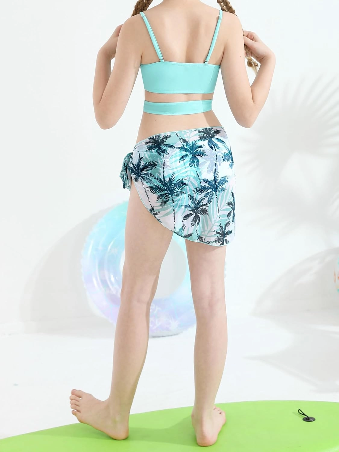 3 Pieces Girls Swimsuits Bikini Set Tropical Print Bikini Set Criss Cross Bathing Suit with Cover Up Skirt for Kids