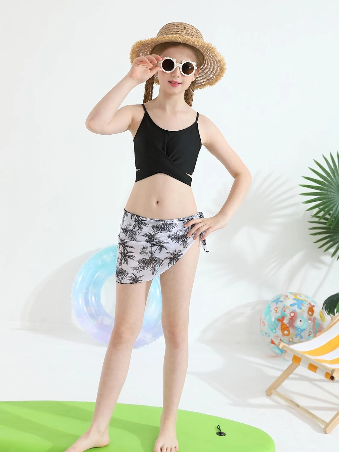 3 Pieces Girls Swimsuits Bikini Set Tropical Print Bikini Set Criss Cross Bathing Suit with Cover Up Skirt for Kids
