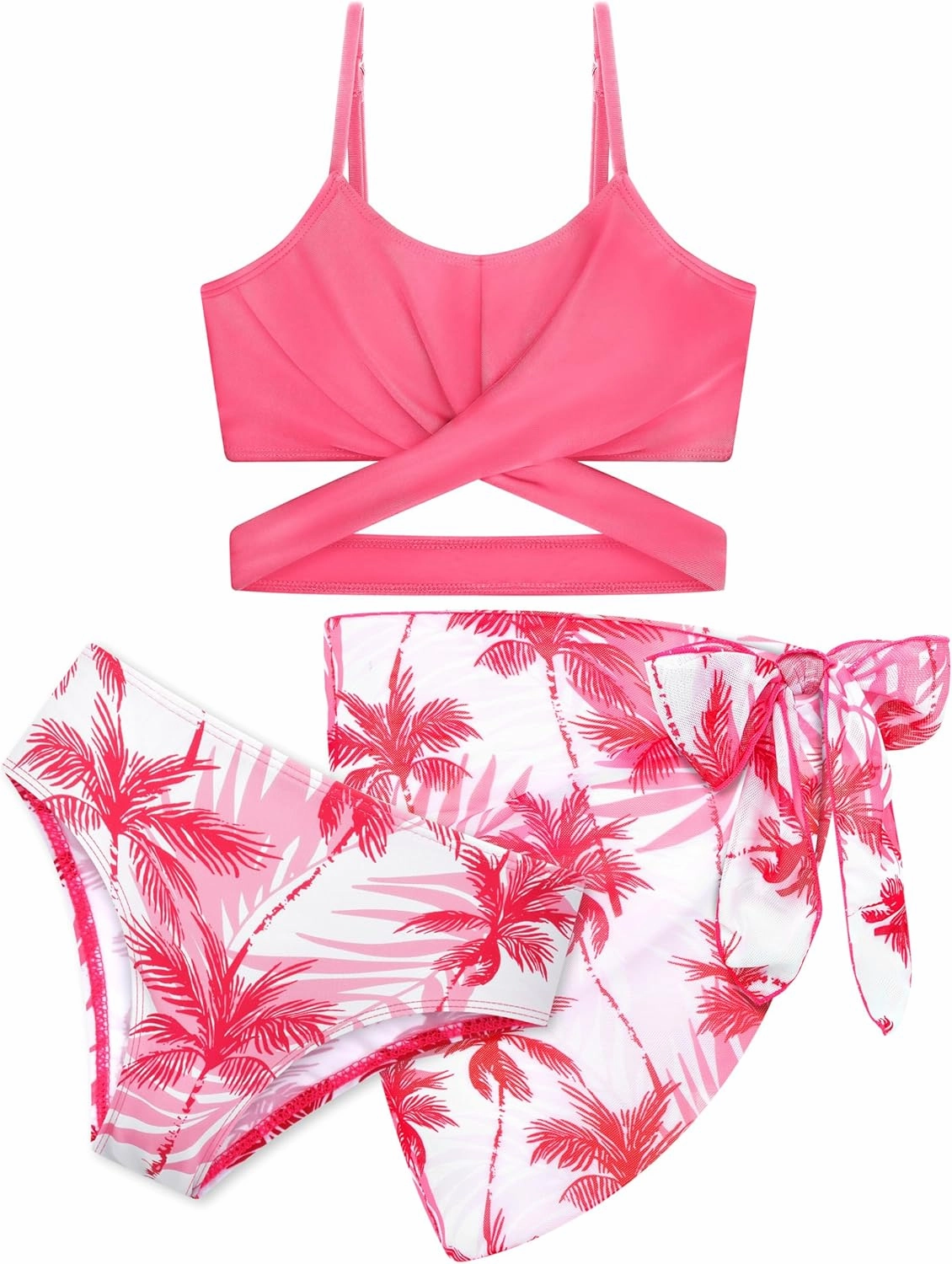 3 Pieces Girls Swimsuits Bikini Set Tropical Print Bikini Set Criss Cross Bathing Suit with Cover Up Skirt for Kids