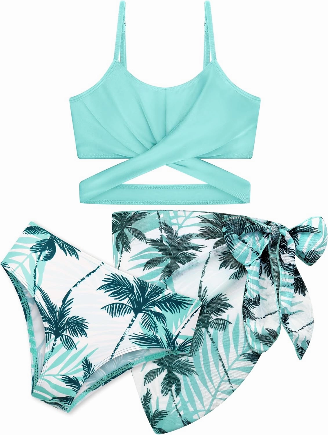 3 Pieces Girls Swimsuits Bikini Set Tropical Print Bikini Set Criss Cross Bathing Suit with Cover Up Skirt for Kids