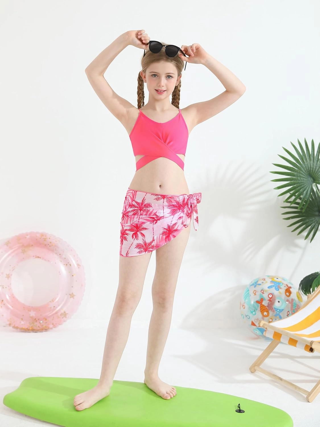 3 Pieces Girls Swimsuits Bikini Set Tropical Print Bikini Set Criss Cross Bathing Suit with Cover Up Skirt for Kids