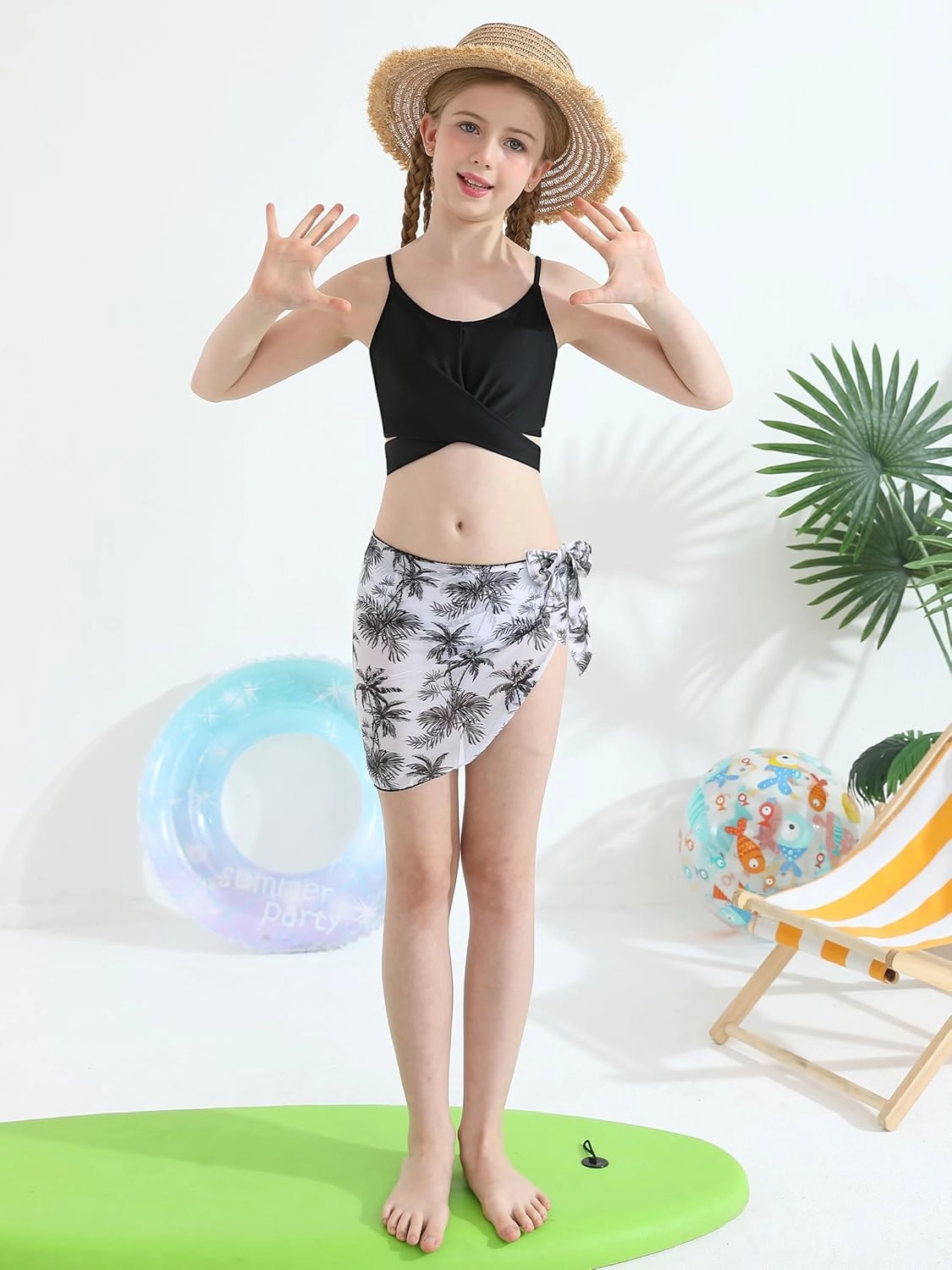 3 Pieces Girls Swimsuits Bikini Set Tropical Print Bikini Set Criss Cross Bathing Suit with Cover Up Skirt for Kids