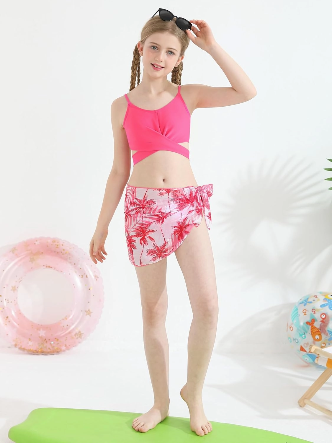 3 Pieces Girls Swimsuits Bikini Set Tropical Print Bikini Set Criss Cross Bathing Suit with Cover Up Skirt for Kids