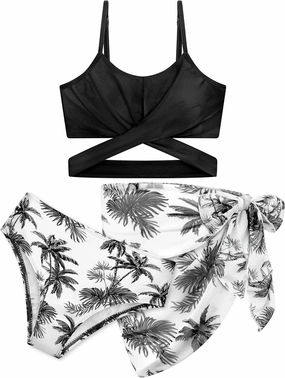 3 Pieces Girls Swimsuits Bikini Set Tropical Print Bikini Set Criss Cross Bathing Suit with Cover Up Skirt for Kids