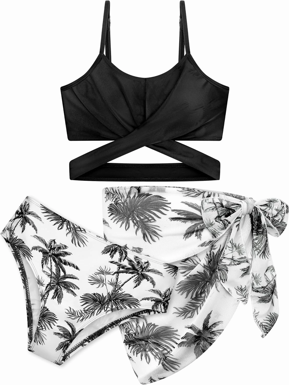3 Pieces Girls Swimsuits Bikini Set Tropical Print Bikini Set Criss Cross Bathing Suit with Cover Up Skirt for Kids