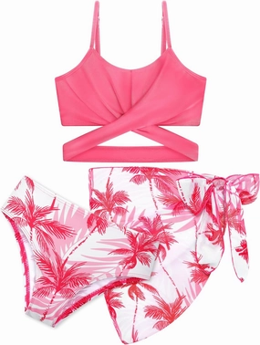 3 Pieces Girls Swimsuits Bikini Set Tropical Print Bikini Set Criss Cross Bathing Suit with Cover Up Skirt for Kids