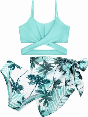 3 Pieces Girls Swimsuits Bikini Set Tropical Print Bikini Set Criss Cross Bathing Suit with Cover Up Skirt for Kids