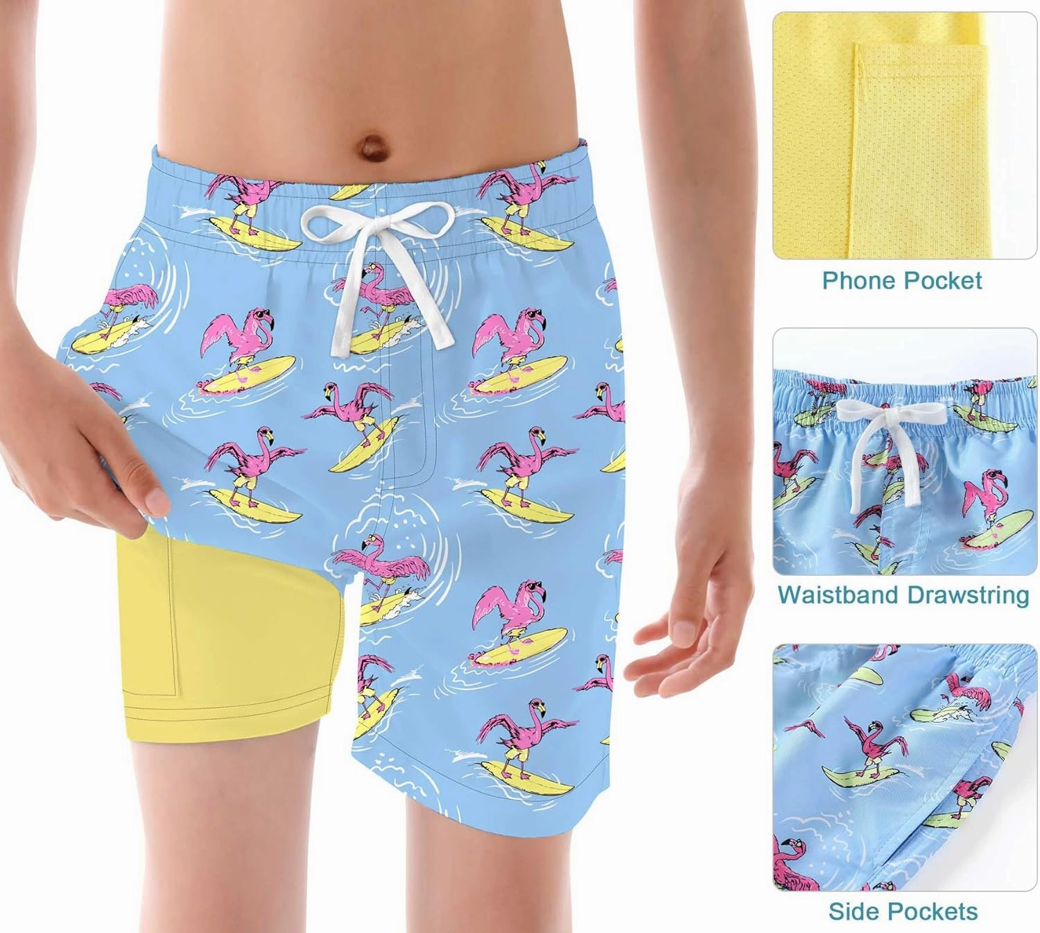 6-20T Boys Swimming Trunks 2 in 1 Bathing Suit Quick Dry Board Shorts