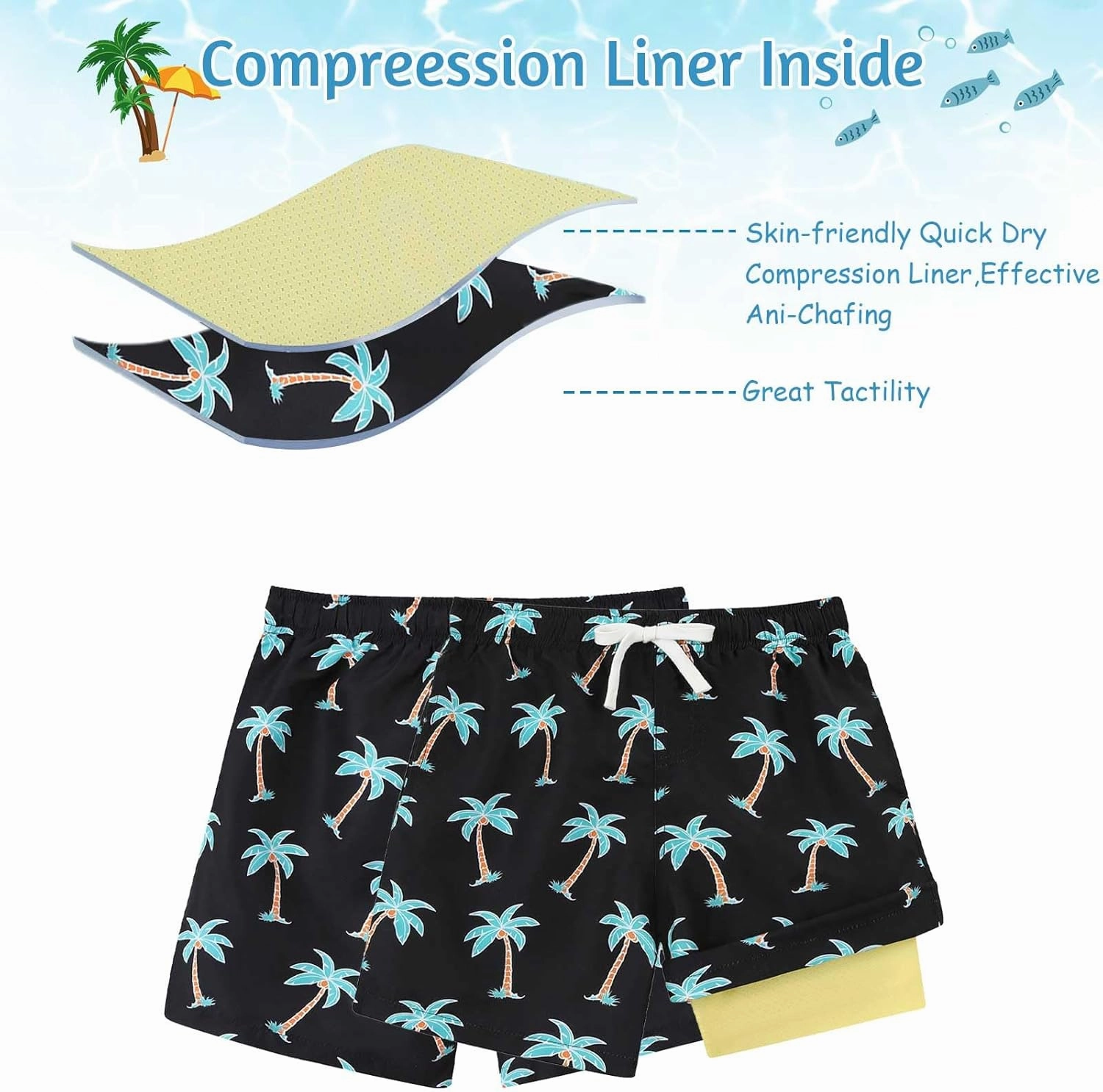 6-20T Boys Swimming Trunks 2 in 1 Bathing Suit Quick Dry Board Shorts