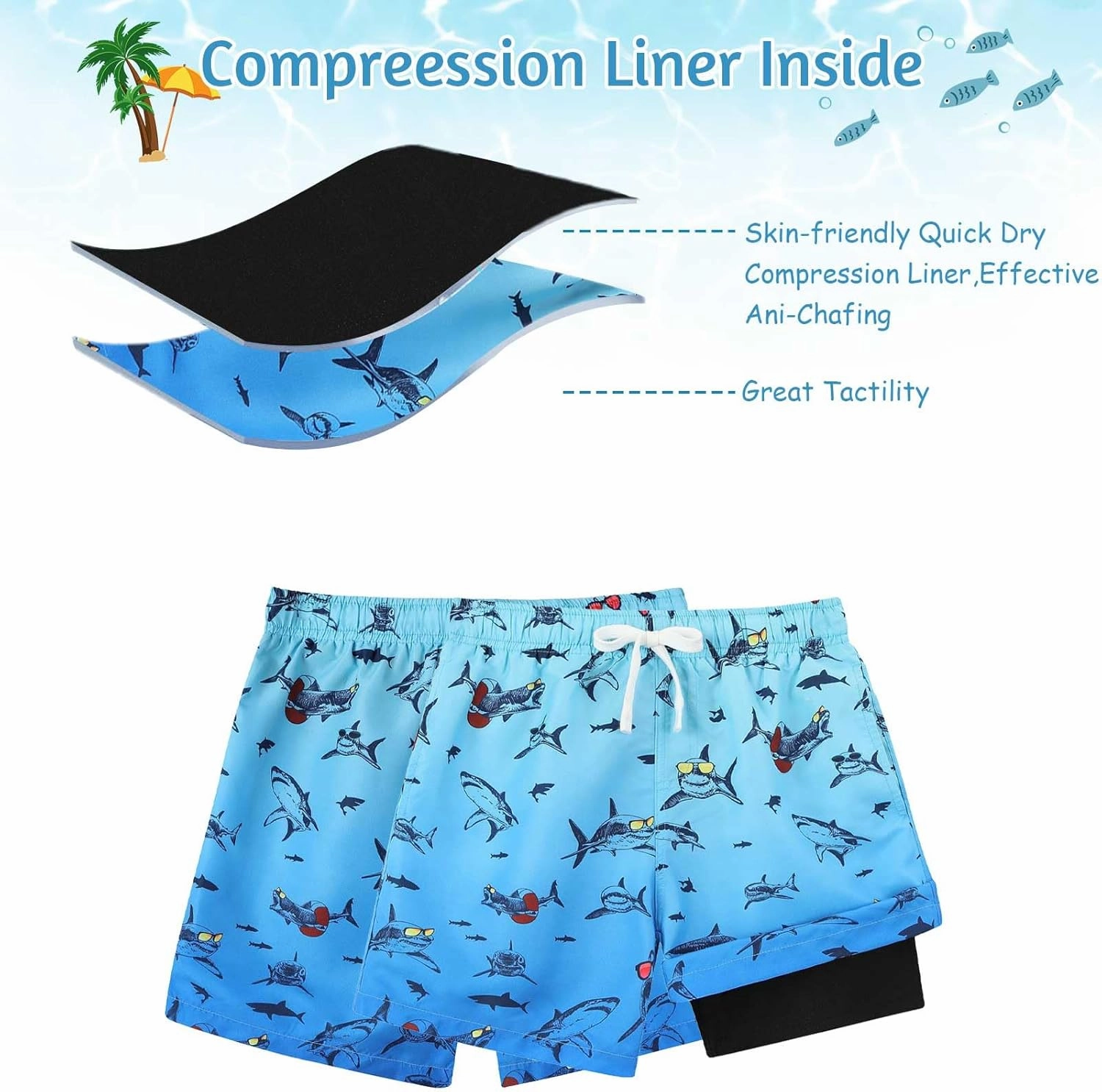 6-20T Boys Swimming Trunks 2 in 1 Bathing Suit Quick Dry Board Shorts