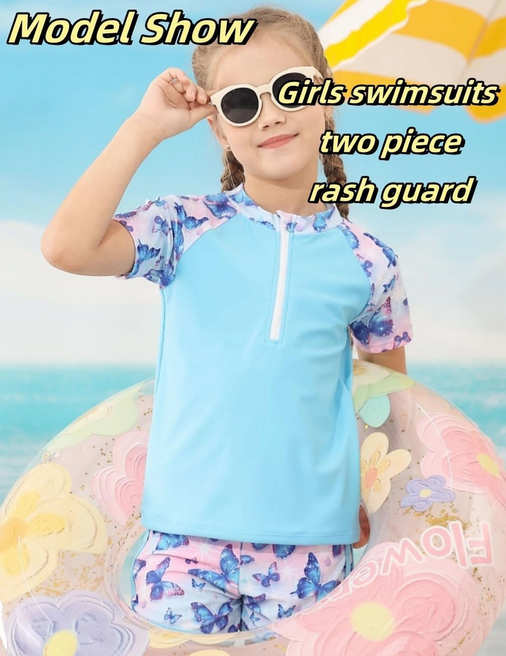 7-12 Years Girls Rash Guard Swimsuits 2 Piece Zipper Bathing Suit Set Kids Short Sleeve Swimwear with Sports Shorts