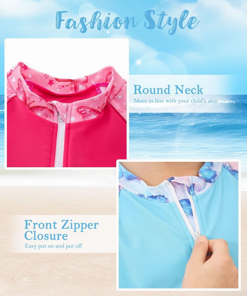 7-12 Years Girls Rash Guard Swimsuits 2 Piece Zipper Bathing Suit Set Kids Short Sleeve Swimwear with Sports Shorts