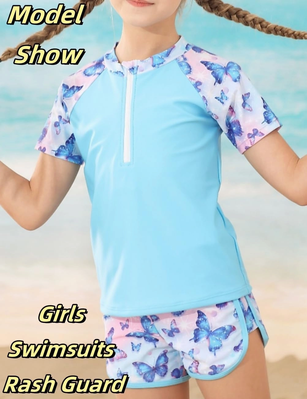 7-12 Years Girls Rash Guard Swimsuits 2 Piece Zipper Bathing Suit Set Kids Short Sleeve Swimwear with Sports Shorts