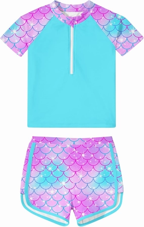 7-12 Years Girls Rash Guard Swimsuits 2 Piece Zipper Bathing Suit Set Kids Short Sleeve Swimwear with Sports Shorts