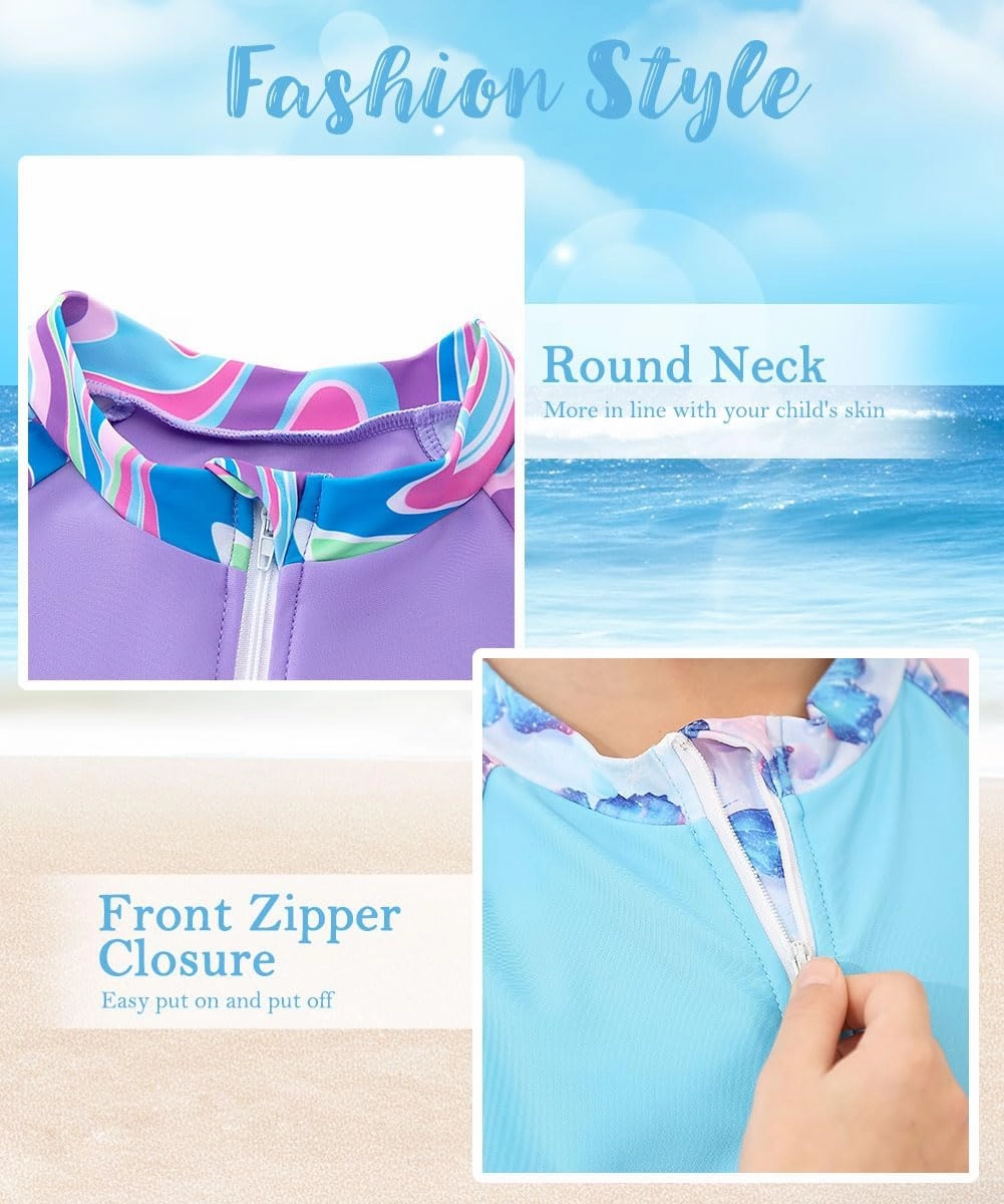 7-12 Years Girls Rash Guard Swimsuits 2 Piece Zipper Bathing Suit Set Kids Short Sleeve Swimwear with Sports Shorts