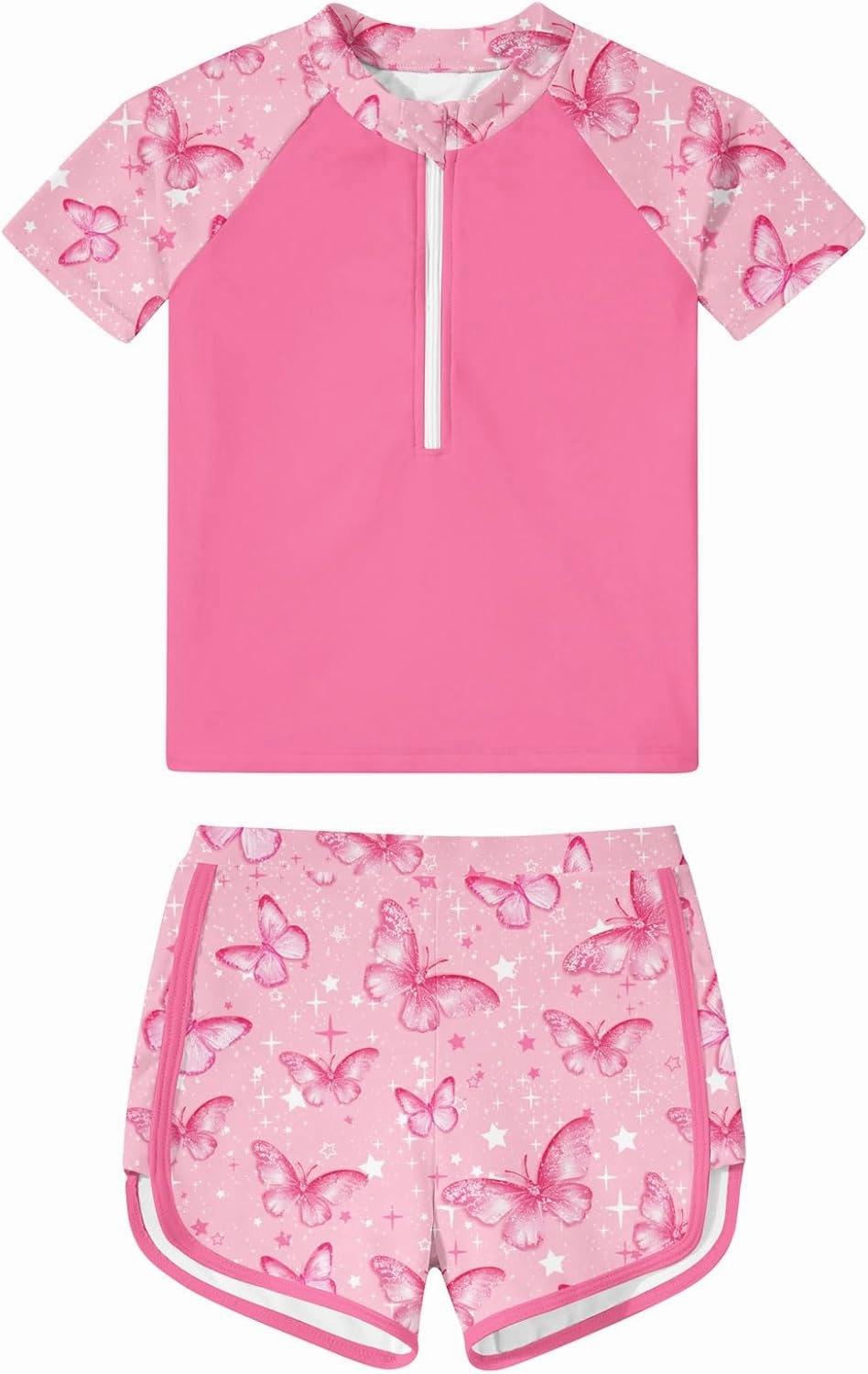 7-12 Years Girls Rash Guard Swimsuits 2 Piece Zipper Bathing Suit Set Kids Short Sleeve Swimwear with Sports Shorts