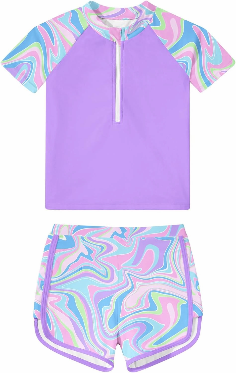 7-12 Years Girls Rash Guard Swimsuits 2 Piece Zipper Bathing Suit Set Kids Short Sleeve Swimwear with Sports Shorts