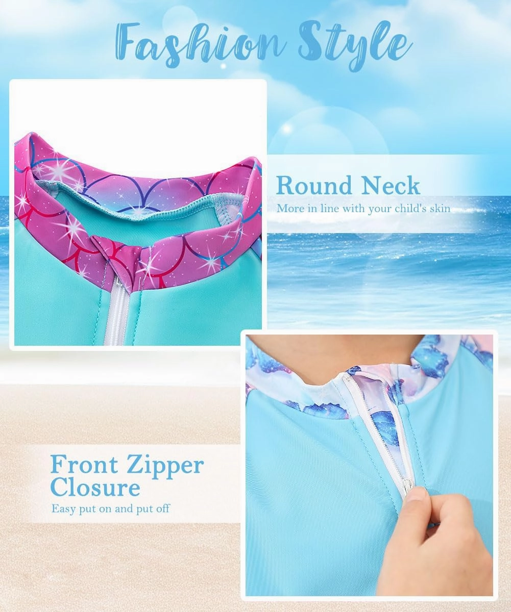 7-12 Years Girls Rash Guard Swimsuits 2 Piece Zipper Bathing Suit Set Kids Short Sleeve Swimwear with Sports Shorts