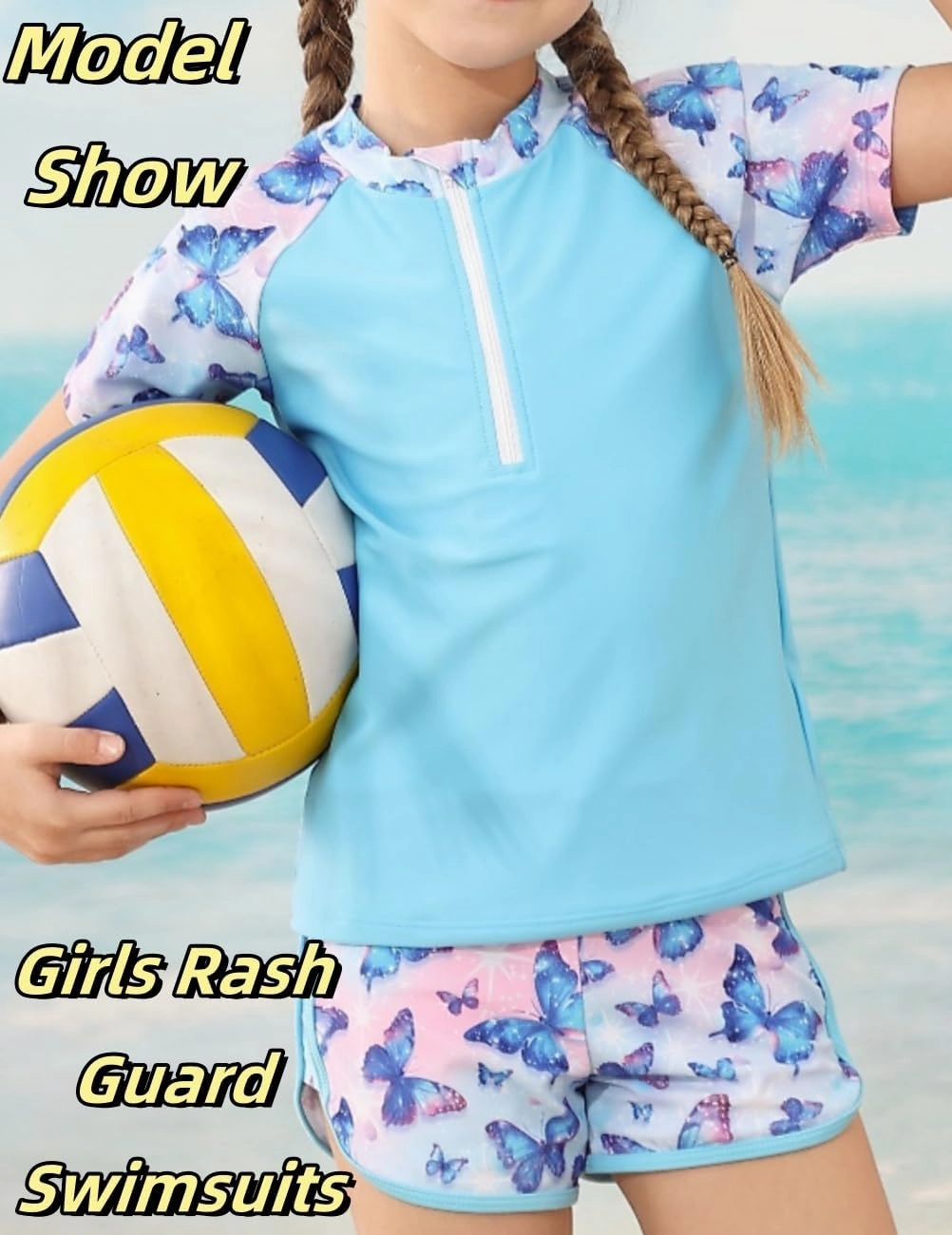 7-12 Years Girls Rash Guard Swimsuits 2 Piece Zipper Bathing Suit Set Kids Short Sleeve Swimwear with Sports Shorts
