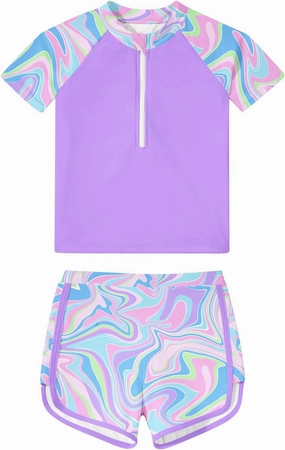 7-12 Years Girls Rash Guard Swimsuits 2 Piece Zipper Bathing Suit Set Kids Short Sleeve Swimwear with Sports Shorts