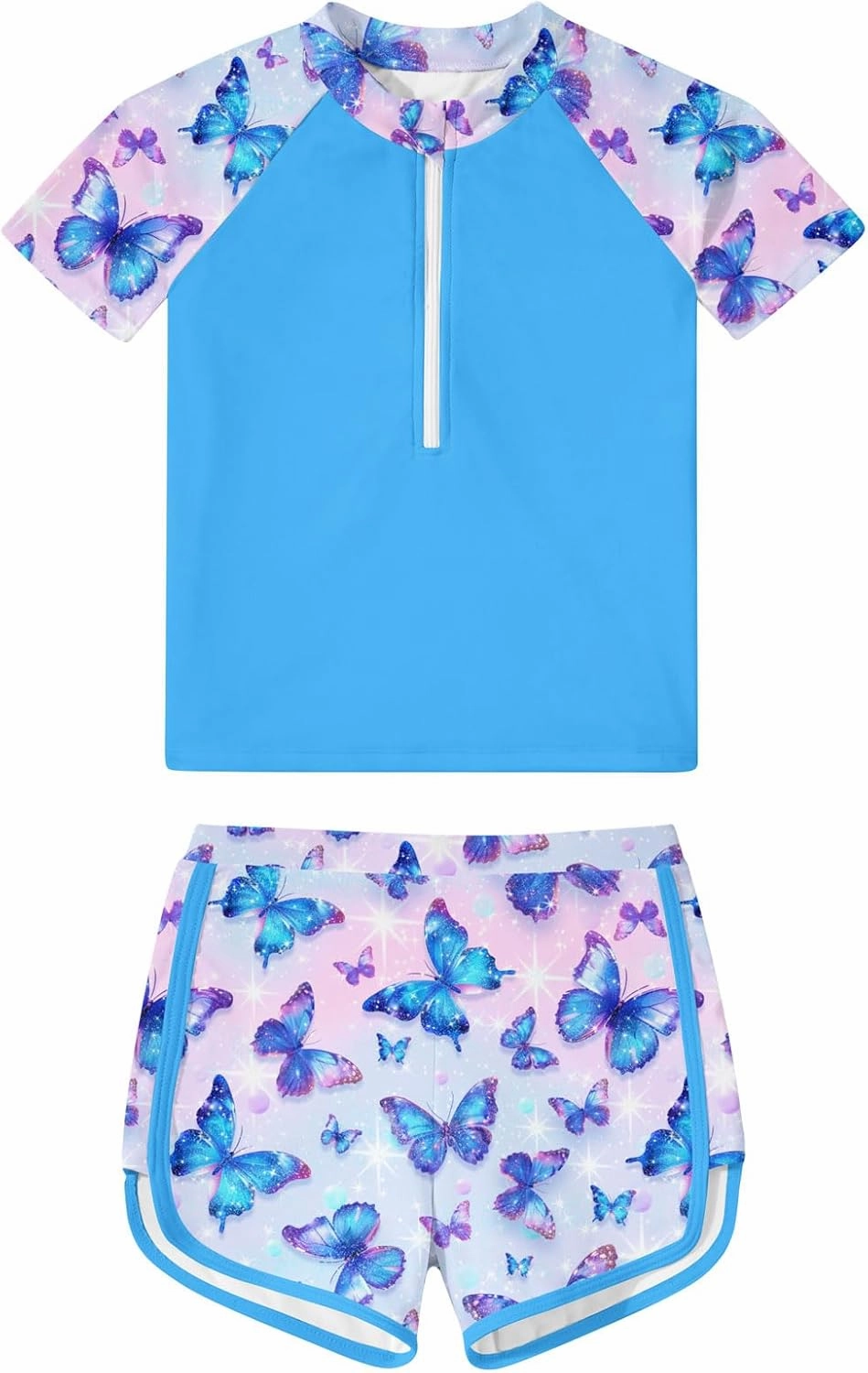 7-12 Years Girls Rash Guard Swimsuits 2 Piece Zipper Bathing Suit Set Kids Short Sleeve Swimwear with Sports Shorts