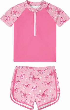 7-12 Years Girls Rash Guard Swimsuits 2 Piece Zipper Bathing Suit Set Kids Short Sleeve Swimwear with Sports Shorts