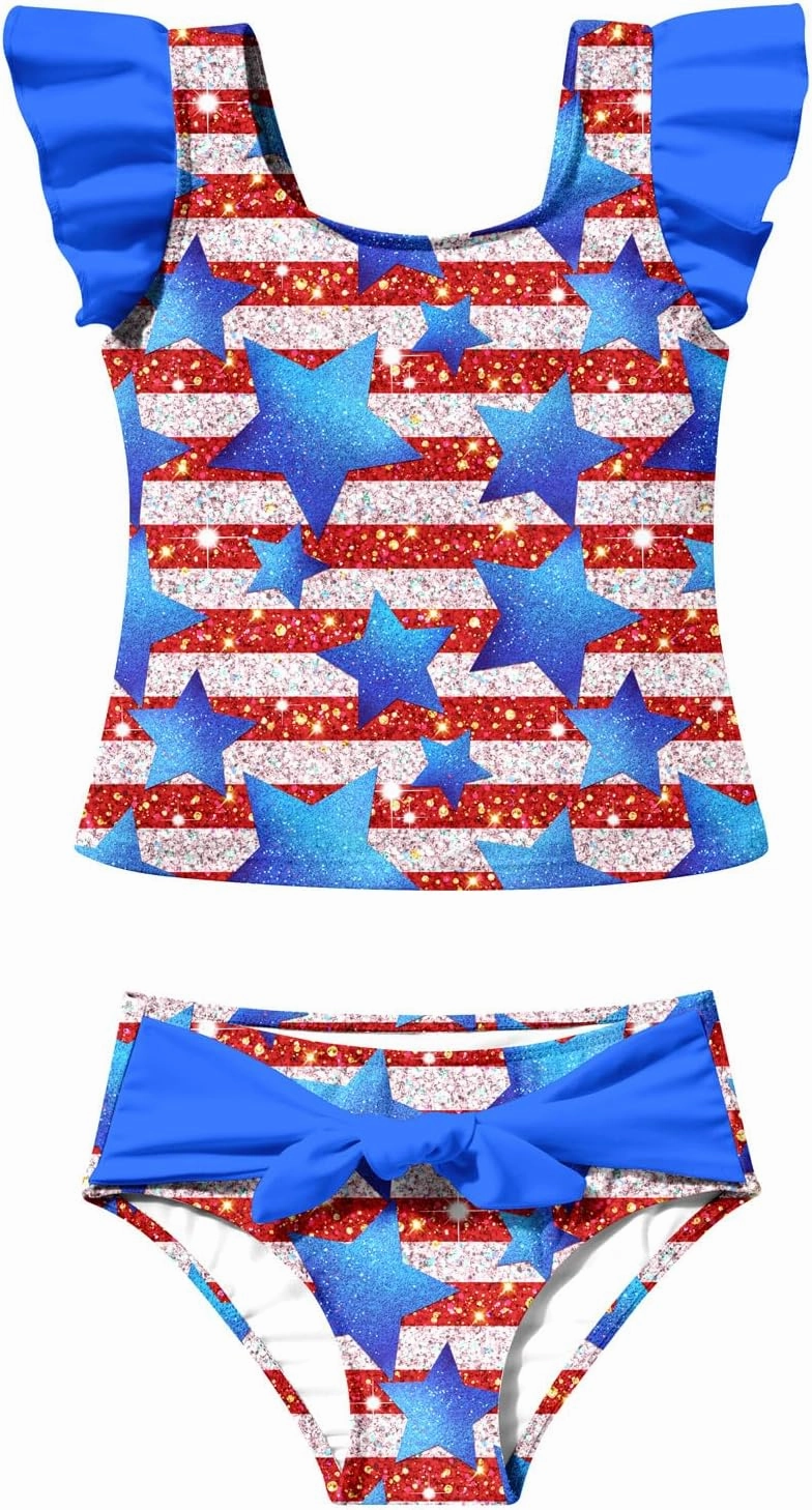8-12T Girls 2-Piece Bathing Suit Marbling Print Summer Ruffle Swimsuit Tankini Sets Beach Sport Kids Swimsuit