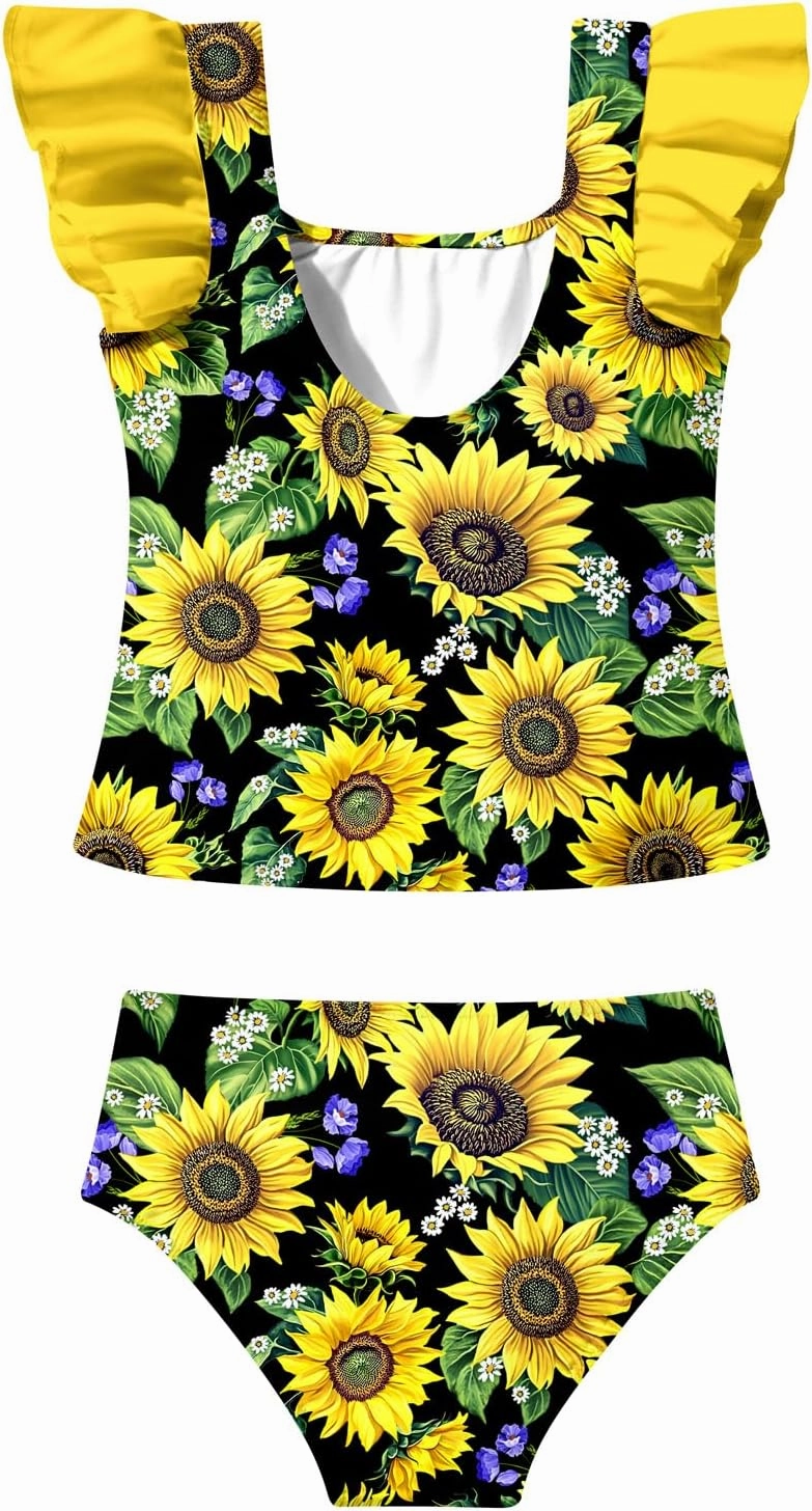 8-12T Girls 2-Piece Bathing Suit Marbling Print Summer Ruffle Swimsuit Tankini Sets Beach Sport Kids Swimsuit