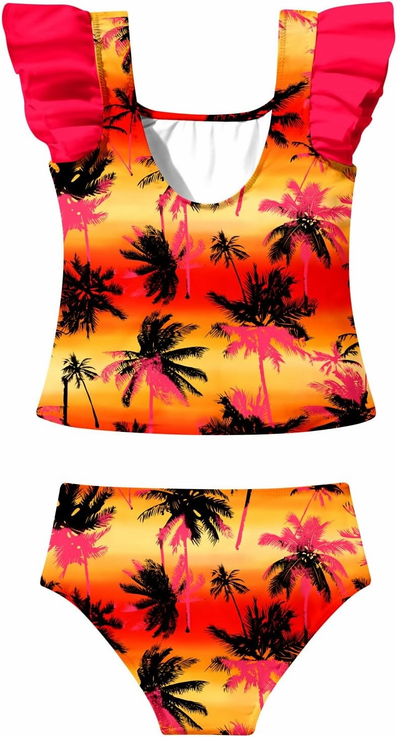 8-12T Girls 2-Piece Bathing Suit Marbling Print Summer Ruffle Swimsuit Tankini Sets Beach Sport Kids Swimsuit