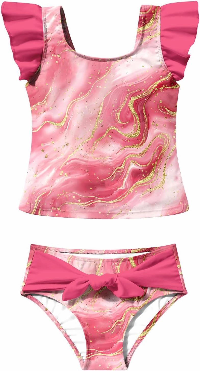 8-12T Girls 2-Piece Bathing Suit Marbling Print Summer Ruffle Swimsuit Tankini Sets Beach Sport Kids Swimsuit