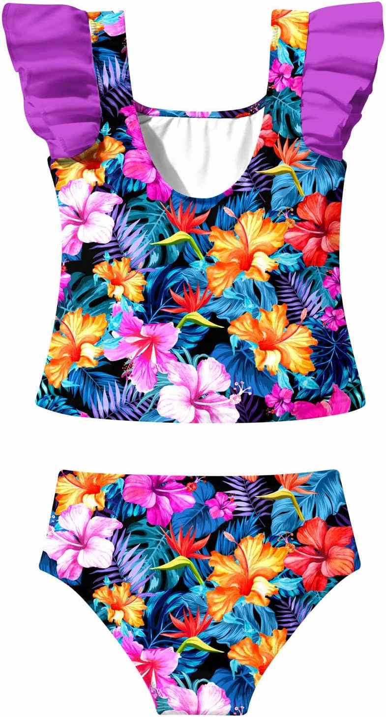 8-12T Girls 2-Piece Bathing Suit Marbling Print Summer Ruffle Swimsuit Tankini Sets Beach Sport Kids Swimsuit