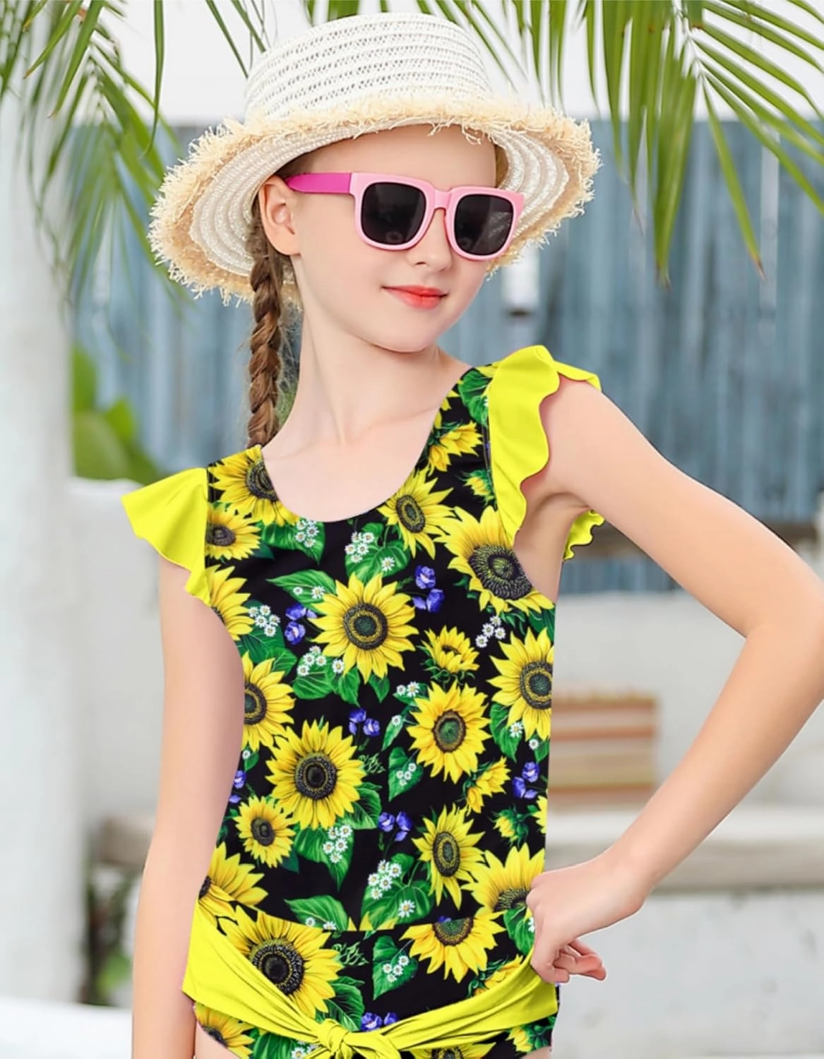 8-12T Girls 2-Piece Bathing Suit Marbling Print Summer Ruffle Swimsuit Tankini Sets Beach Sport Kids Swimsuit