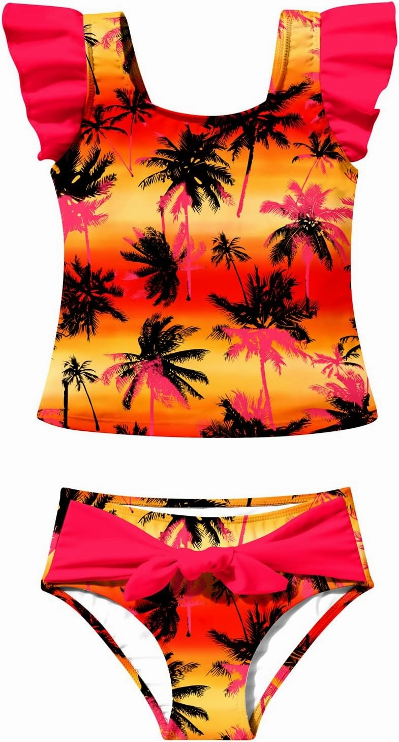 8-12T Girls 2-Piece Bathing Suit Marbling Print Summer Ruffle Swimsuit Tankini Sets Beach Sport Kids Swimsuit