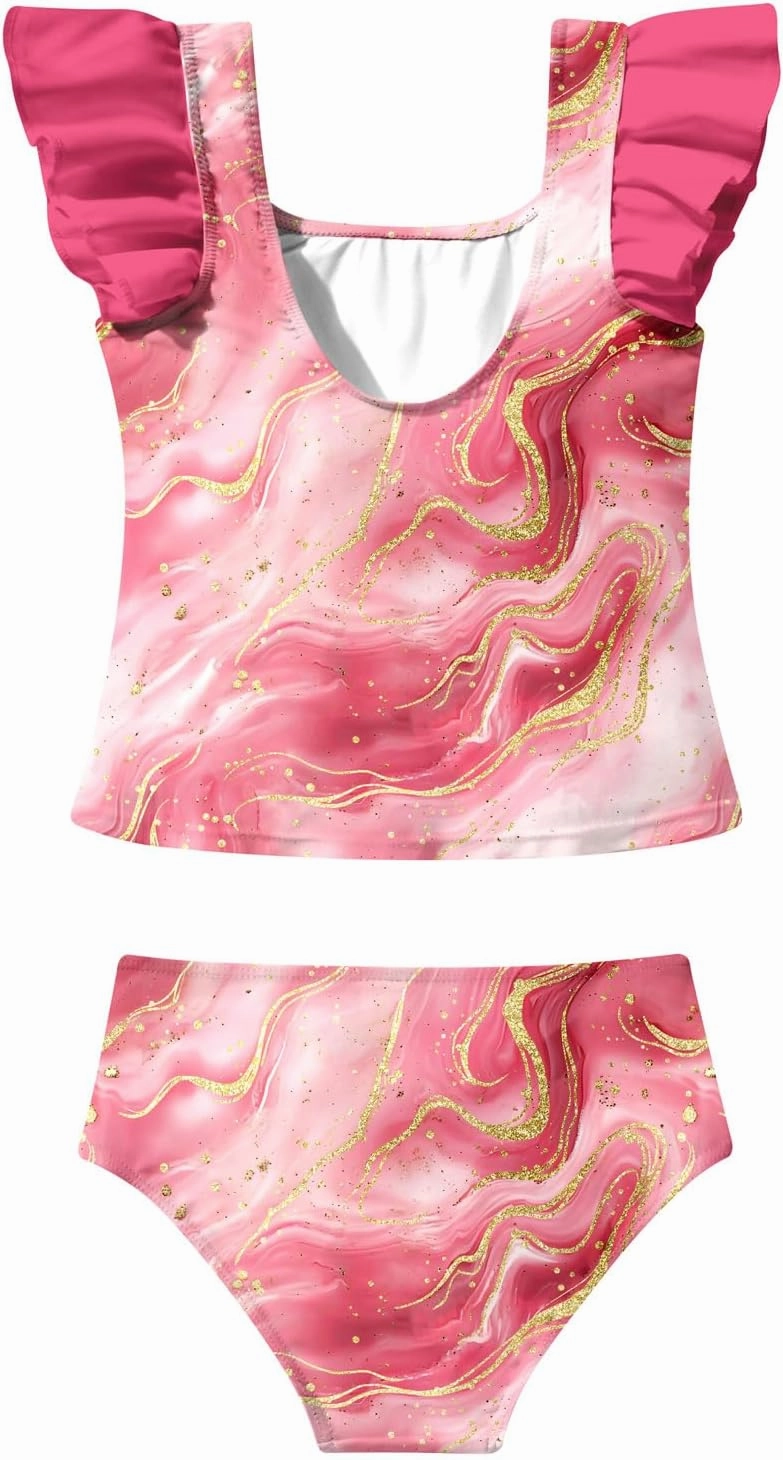 8-12T Girls 2-Piece Bathing Suit Marbling Print Summer Ruffle Swimsuit Tankini Sets Beach Sport Kids Swimsuit