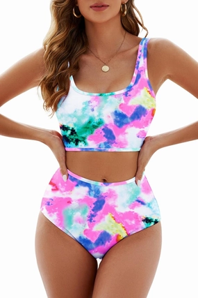 Adisputent Womens High Waisted Bikini Color Block Swimwear Bandeau Top Sports Style Scoop Crop Swimsuit 2 Piece Bathing Suits