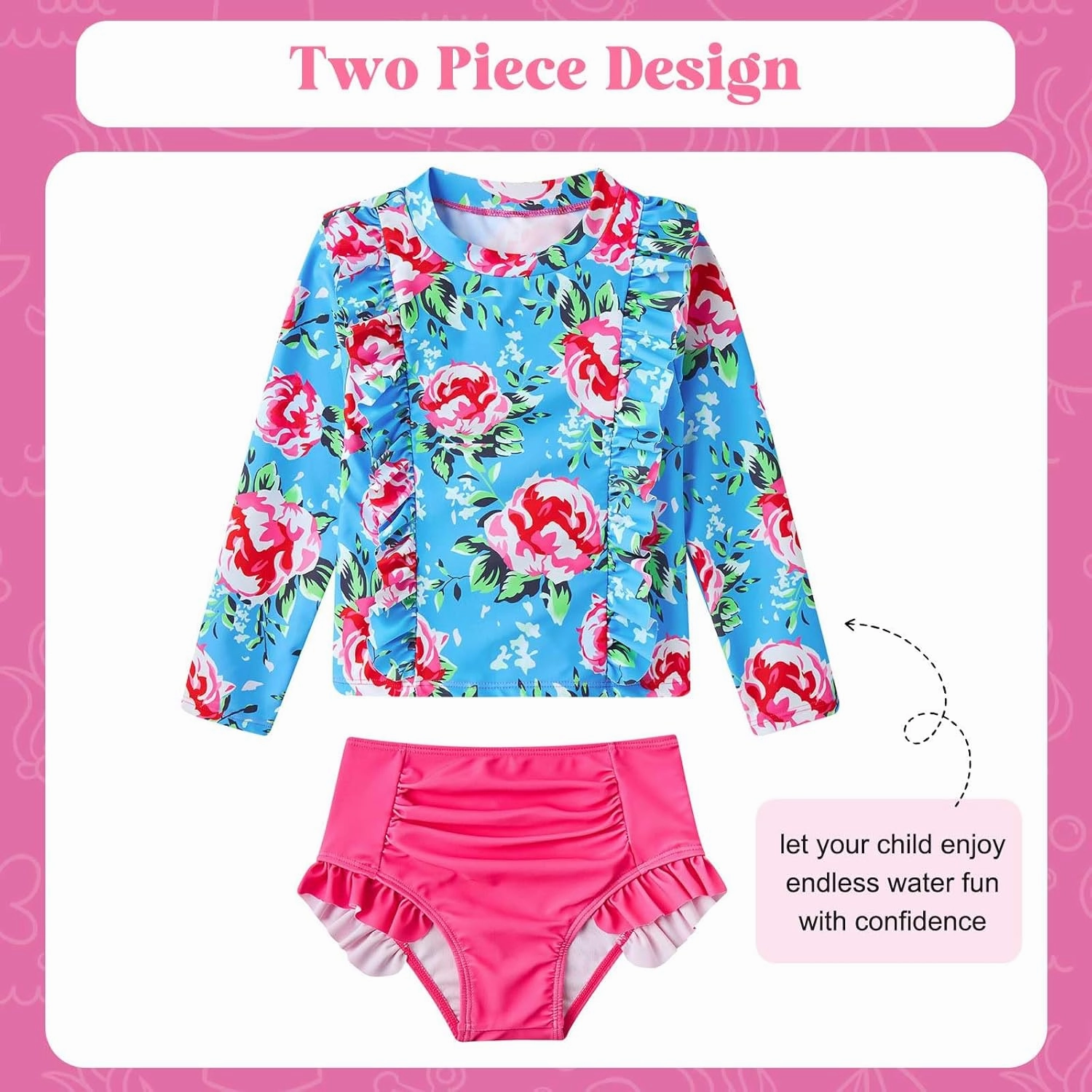 ADUKIDE Toddler Girl Swimsuit 2-6T Swimsuits for Girls Long Sleeve Bathing Suit for Toddler Girl 2 Piece Swimwear