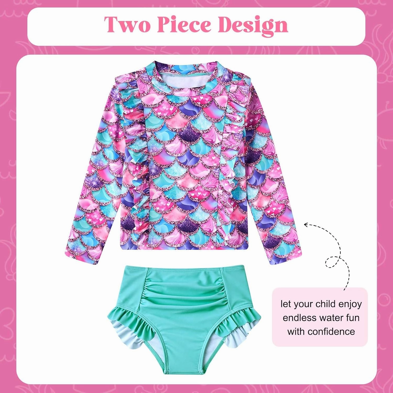 ADUKIDE Toddler Girl Swimsuit 2-6T Swimsuits for Girls Long Sleeve Bathing Suit for Toddler Girl 2 Piece Swimwear