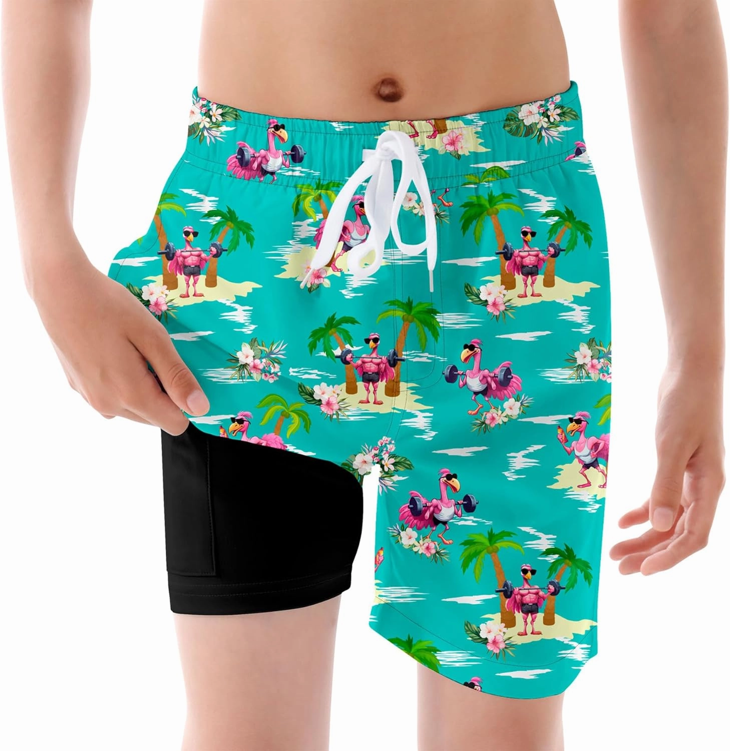 Ahegao Boys Swim Trunks with Compression Liner Big Kids Bathing Suit Quick Dry Board Shorts for 6-20 Years