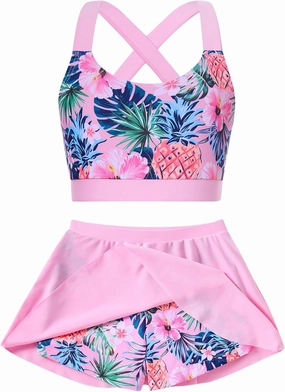 AIDEAONE Girls Swimsuit Two Piece Tankini Skirt Set with Boyshort Summer Beach Bathing Suit Size 6-13