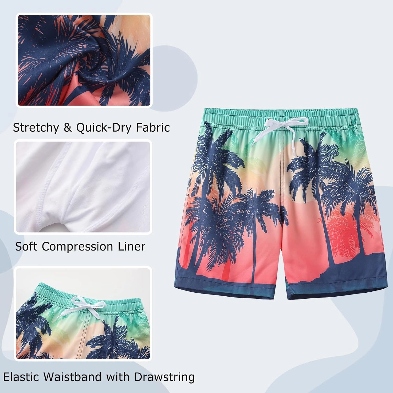 Aisyee Boys Swim Trunks with Compression Liner Swim Shorts Boys Boards Shorts with Boxer Brief Liner 7-16 Years