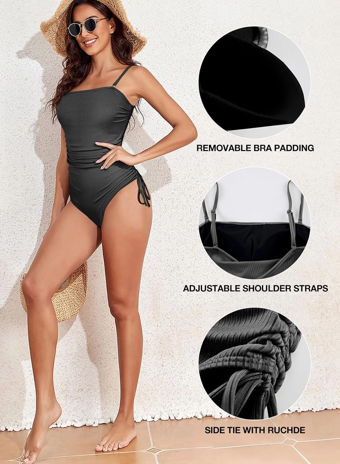 Aleumdr Women's Ribbed One Piece Tummy Control Swimsuit Cheeky Tie Side High Cut Bathing Suit Swimwear