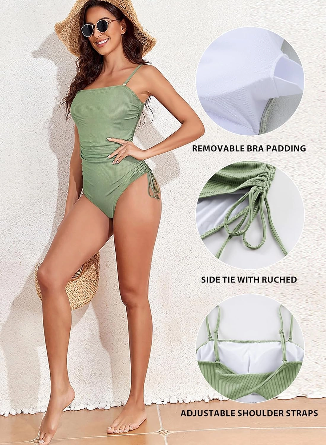 Aleumdr Women's Ribbed One Piece Tummy Control Swimsuit Cheeky Tie Side High Cut Bathing Suit Swimwear