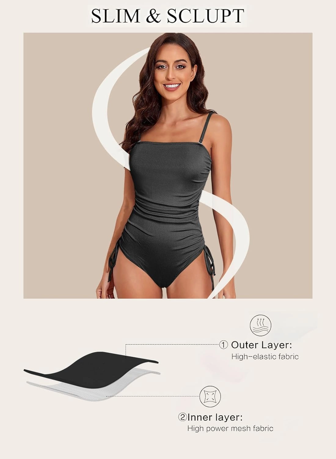 Aleumdr Women's Ribbed One Piece Tummy Control Swimsuit Cheeky Tie Side High Cut Bathing Suit Swimwear