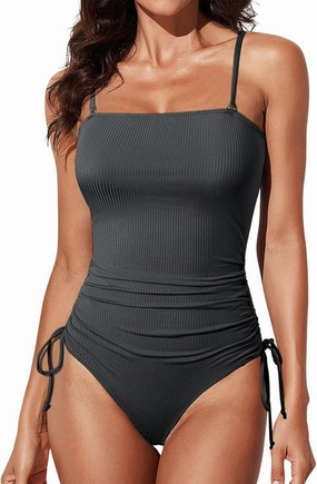 Aleumdr Women's Ribbed One Piece Tummy Control Swimsuit Cheeky Tie Side High Cut Bathing Suit Swimwear