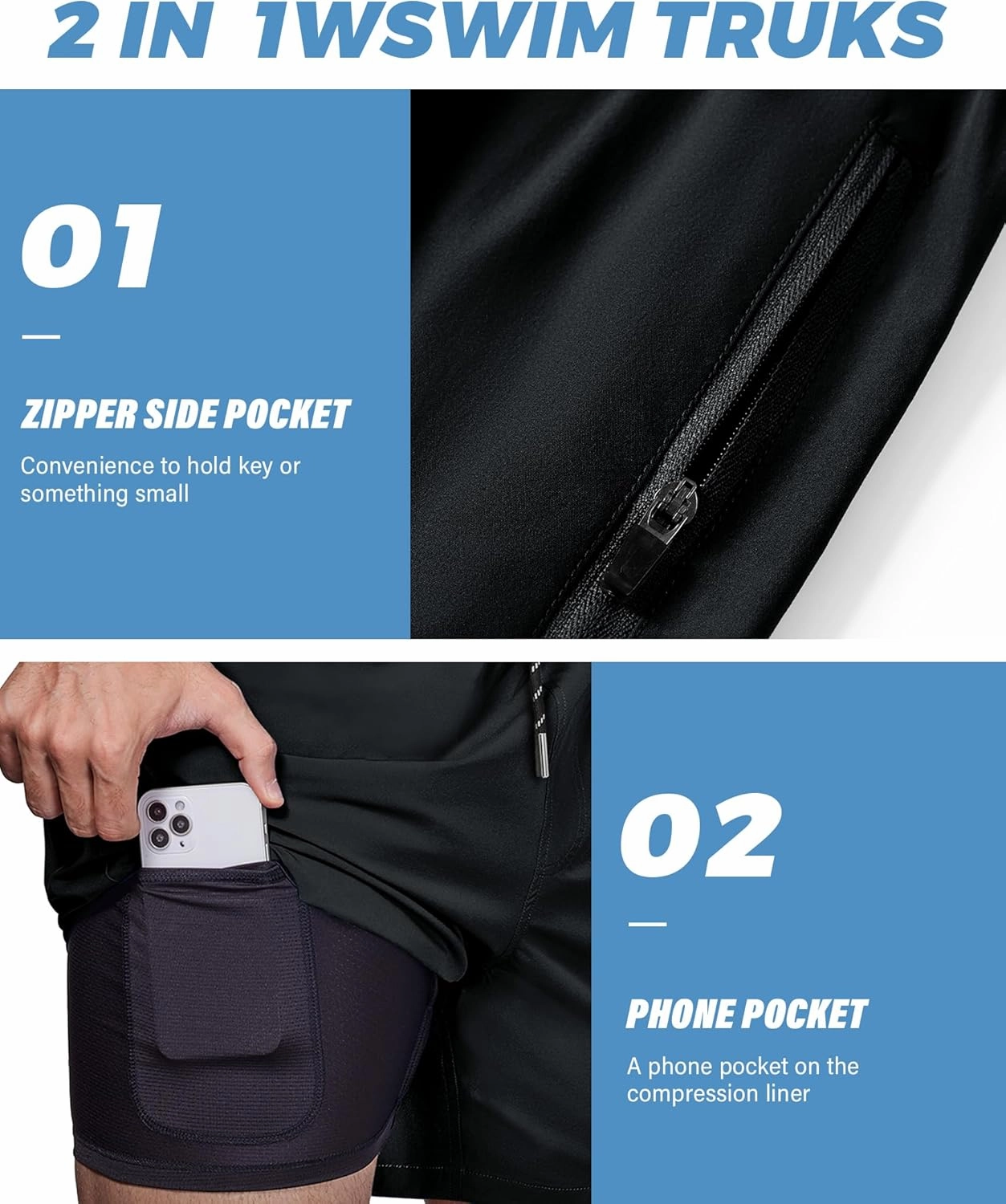 Alimens & Gentle Mens Swim Trunks 5" with Compression Linner Swim Shorts with Zipper Pocket Quick Dry Board Shorts for Men