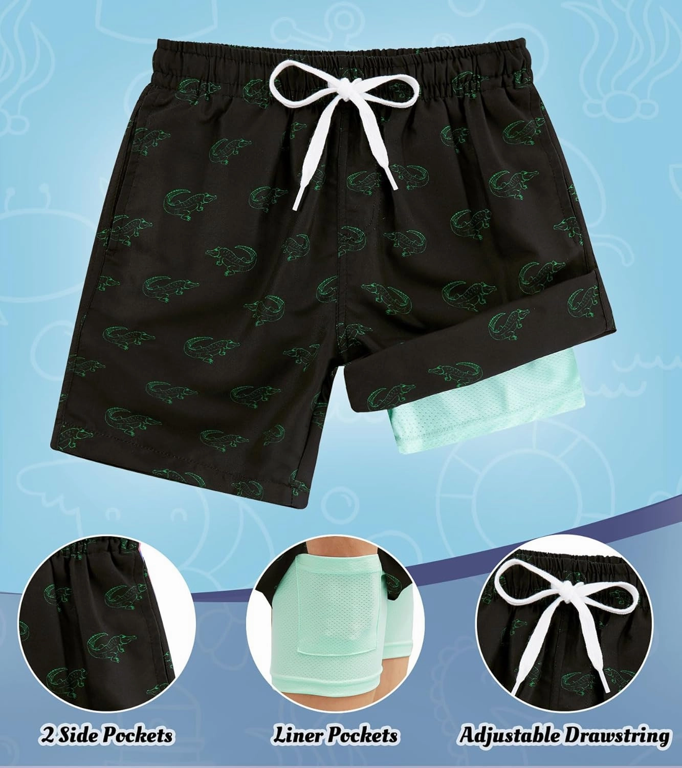 ALISISTER Boys Swim Trunks Compression Liner Swim Shorts Bathing Suit with Boxer Brief Quick Dry Swimwear 7-20T